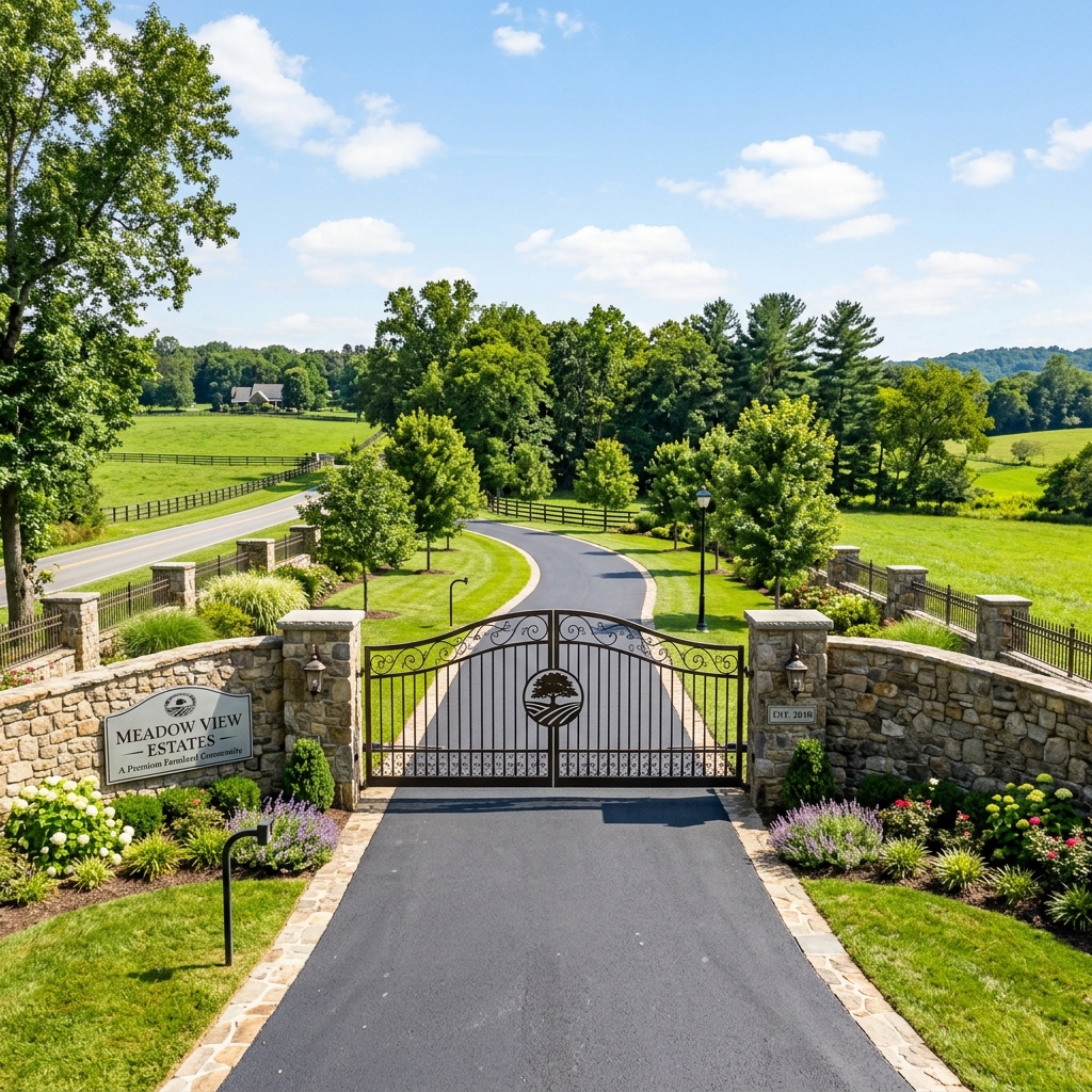 Gated farmland entry road